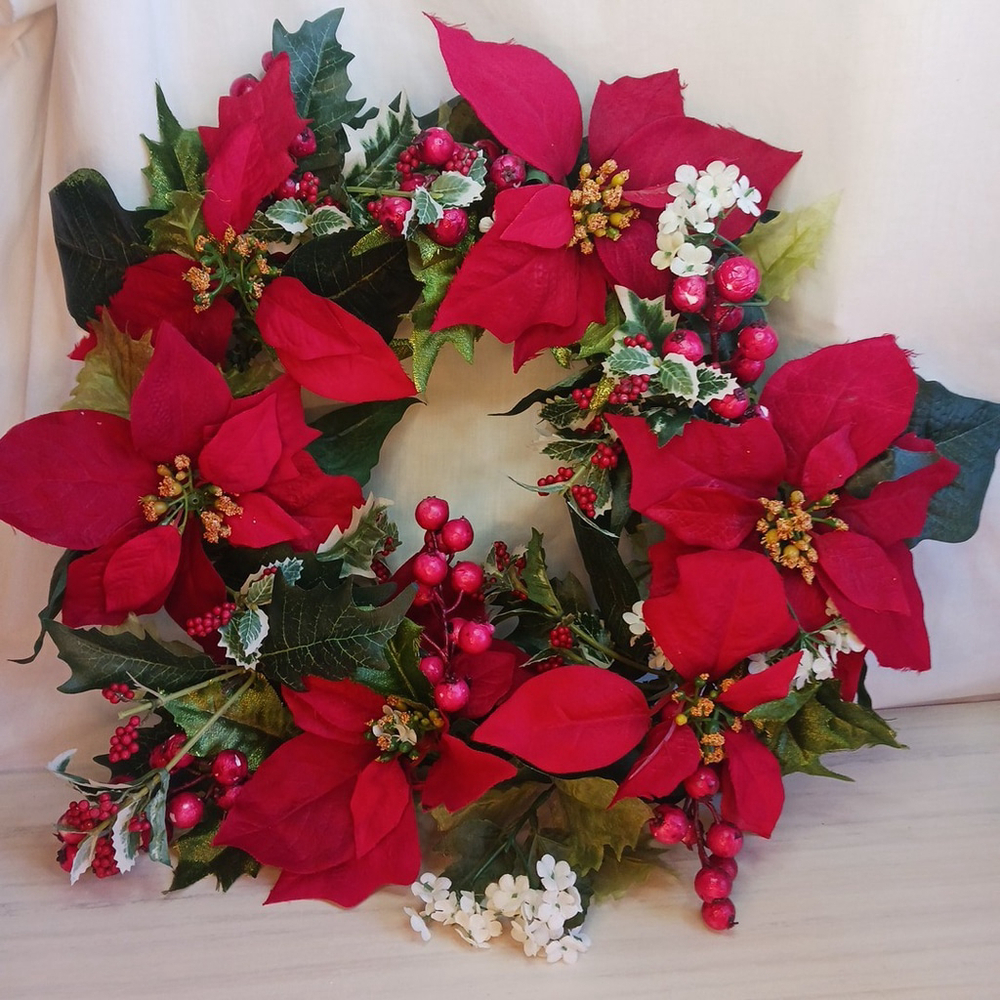 Poinsettia Berry Christmas Wreath 14 Inch Holiday Door Faux Flowers